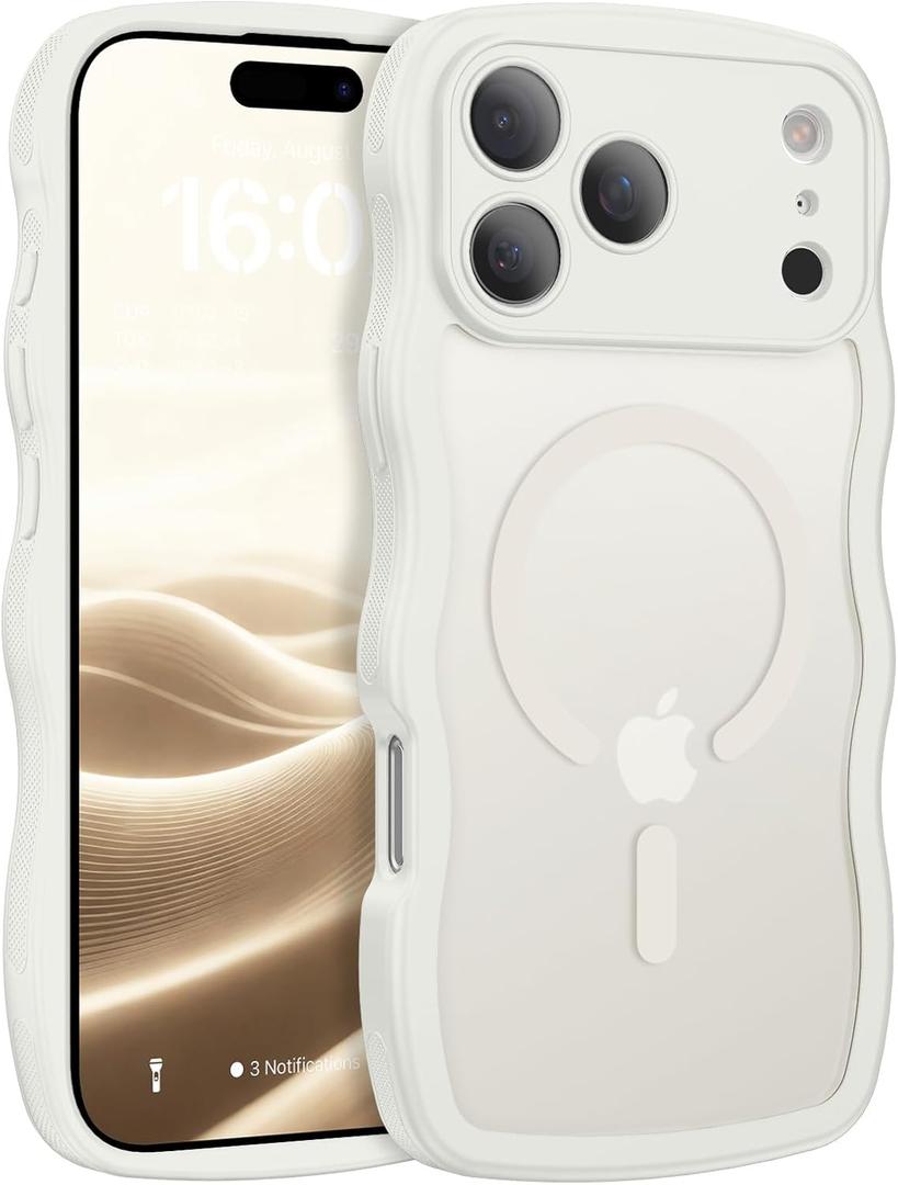 BENTOBEN Magnetic for iPhone 17 Pro Max Case, Cute Wavy [Full Camera Protection][Compatible with MagSafe] Matte Anti-Slip Bumper Women Girls Boys Protective Cover for 17 ProMax 6.9", Grey White