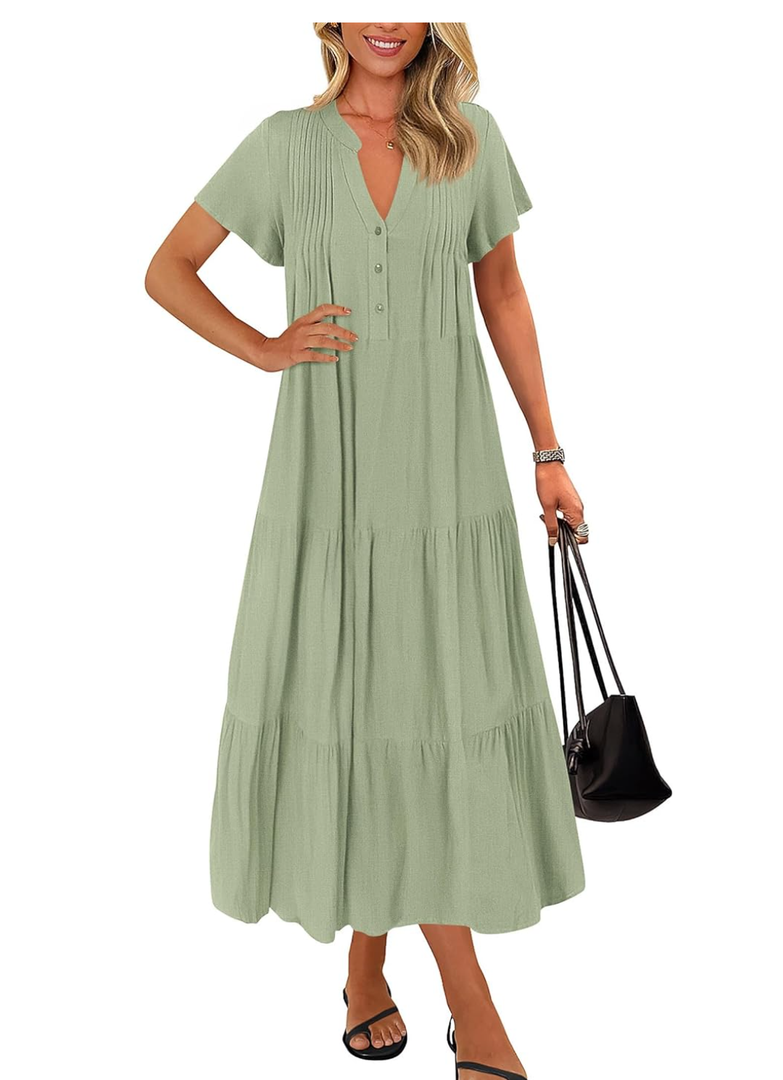 KIRUNDO Summer Maxi Dresses for Women 2025 Spring Fashion Short Sleeve Button V Neck Pleated Loose Tiered Swing Flowy Dress, Size L