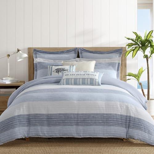 Levtex Home - Sand Stripes Blue Comforter Set - King Comforter (106 x 94in.) + Two King Pillow Shams (36 x 20in.) - Jaquard Stripe - Grey, Chambray, Blue, White - Cotton