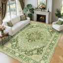 RELEANY Area Rugs 9'x12' Washable Non-Slip, Floral Vintage Distress Print Pattern Medallion Carpet for Living Room Bedroom Dining Room, Sage Green Yellow