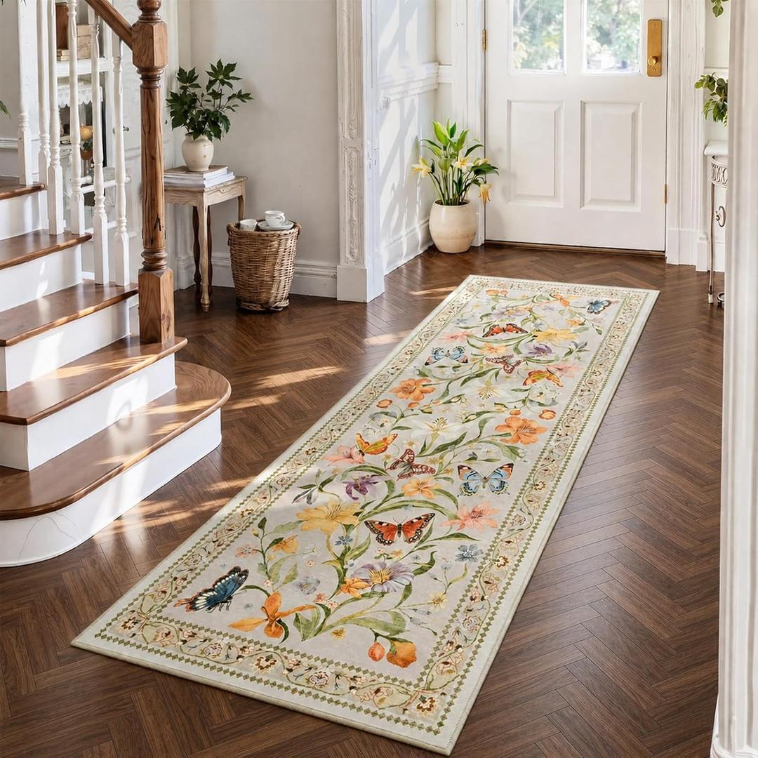 2x6 Kitchen Runner Rugs Non Slip Washable, Beige Floral Runner Rug for Hallway Bedroom Bathroom, Pet & Kids Friendly, Soft Low Pile Stain Resistant Foldable Floor Carpet