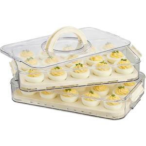Deviled Egg Containers with Lid, 2 Layer Plastic Clear Deviled Egg Carrier with Lid, Storage 40 Eggs, Durable Eggs Holder with Handle for Easy Carry, Portable Tray Platter for Fridge, Travel and Party