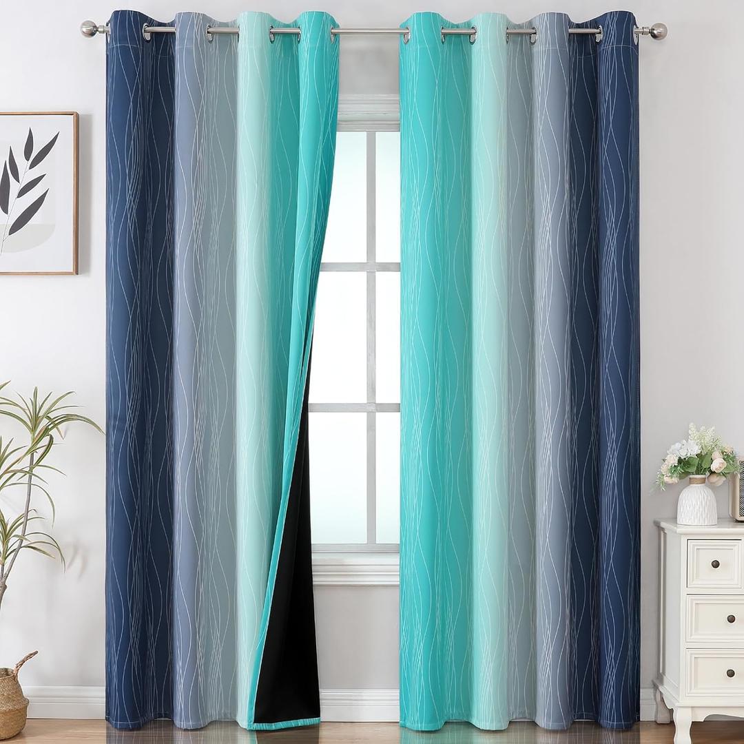 Navy Blue and Teal Gradient Blackout Curtains for Living Room 102 Inch Long, 52"W x 102"L