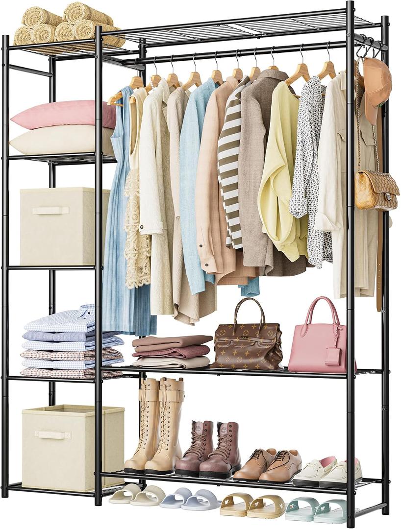 Wardrobe Closet,Portable Clothes Rack with 4 Tiers Shelves,Freestanding Closet Organizers and Storage System with Hanging Rods,Steel Clothing Rack Suitable for Cloakrooms,Bedrooms,Entrances,etc.Black