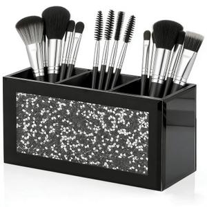 SHYFOY Black Makeup Brush Holder Organizer, 3 Slots Glass Cosmetic Brushes Storage with Crushed Diamond, Pencil Pen Holder for Desk, Desk Organizer and Accessories for Vanity