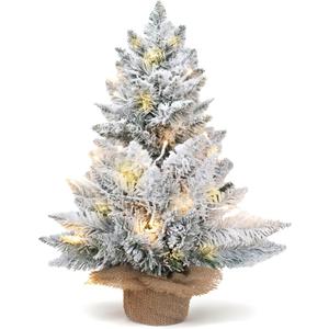 2ft Pre-Lit Artificial Mini Christmas Tree,24 Inch Snowy Flocked Small Tabletop Christmas Tree with LED Light,White Xmas Pine Tree for Home Desk Indoor Decor, Perfect with Burlap Base