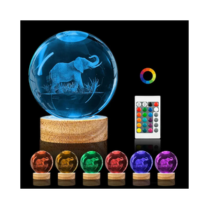 3D Elephant Crystal Ball Night Light, 3.15in K9 Lamp with 16 Colors Change, Wooden Base and Remote Control Decor Gifts for Women Kids