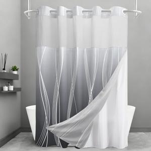 No Hook Shower Curtain and Liner Set, Ombre Grey Striped Shower Curtains with Snap in Fabric Liner, Hotel Ringless Waterproof Washable with See Through Top Window, 71" x 74"