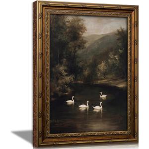 KKP Vintage Gold Framed Swan Wall Art, Moody Lake Landscape Canvas Print | Antique River Scene Wall Decor Picture, Rustic Farmhouse Home Decor Artwork for Living Room Bedroom Hallway 16x24 Inch