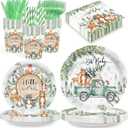 168PCS Woodland Baby Shower Party Supplies for Boys Girls Kids Winter Forest Party Decorations Jungle Animals Themed Plates and Napkins Cups Forks Knives and Straw Tableware Serve 24 Guests