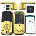 SMONET Smart Lock WiFi Door Lock with Lever Handle, Gold Keyless Entry Fingerprint Deadbolt,Remote Control App,Auto Lock, Easy to Install,Brass