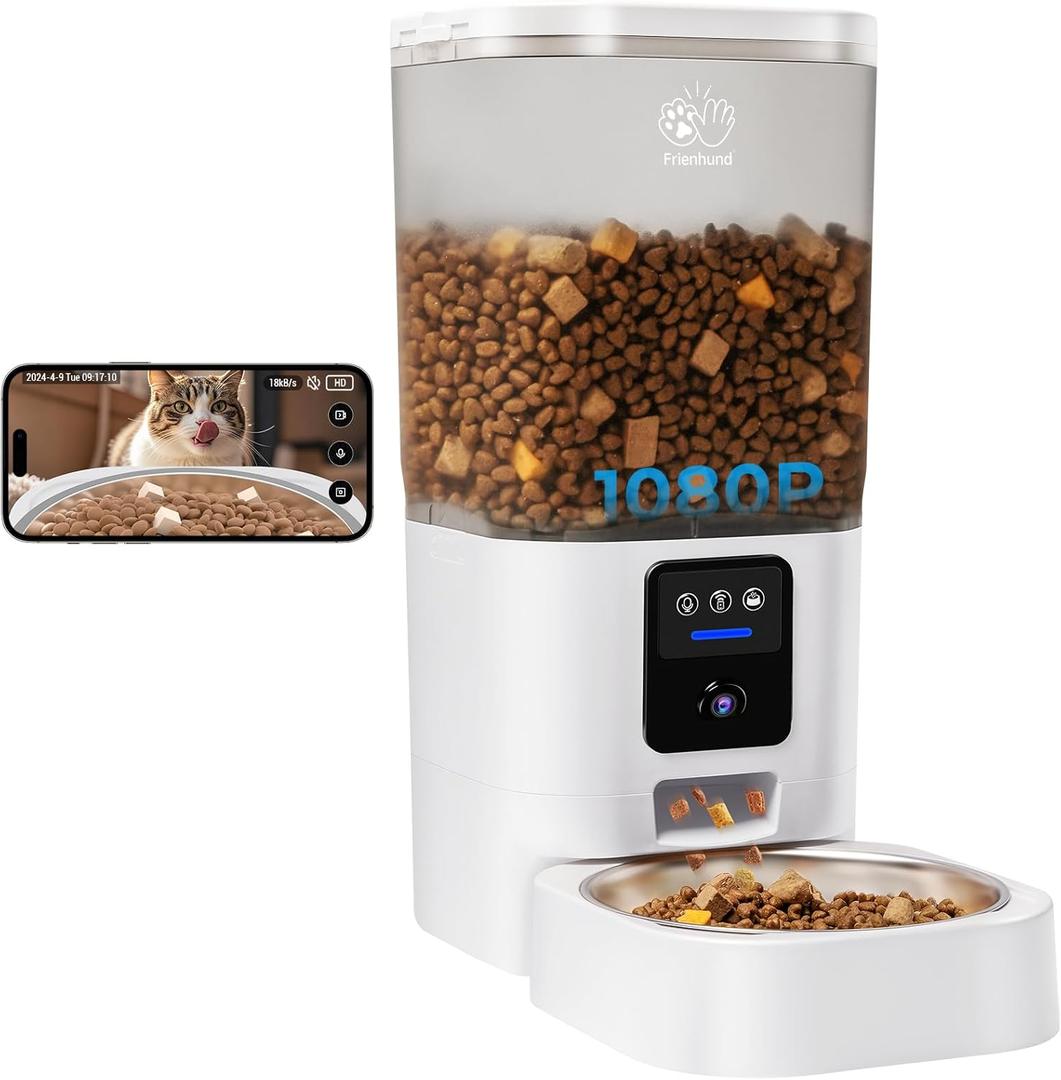 Frienhund Automatic Cat Feeder with Camera: 5G WiFi Automatic Dog Feeder with Night Vision, 7L Auto Cat Food Dispenser with 1080P Camera for Multiple Pet, Detachable for Easy Clean -29 Cup (ACF100W-B) (White-3)