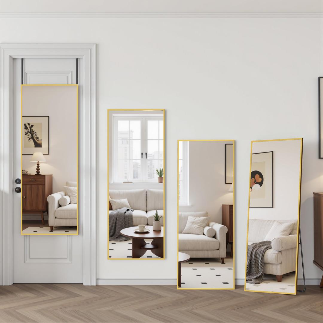Suidia Full Length Mirror Over the Door&Wall Mounted, 48"x14" Door Mirror with Aluminum Alloy Frame, HD Shatterproof, No-Drill, Hanging Mirrors for Bedroom, Bathroom, Dorm, Closet, Rect, Gold
