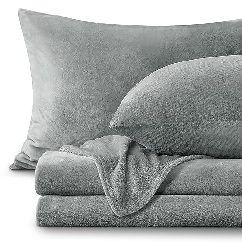 BEDELITE Flannel Sheets King Size Grey - Super Soft Fleece Sheets Set Fluffy Extra Plush, 4 Piece(Include Fitted Sheet, Flat Sheet, 2 Pillowcases)
