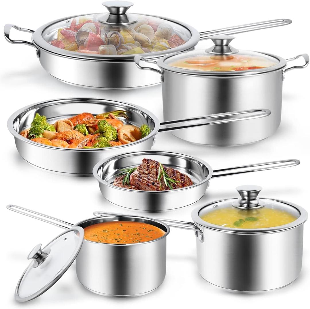 Aufranc 10-Piece Pots and Pans Set, Stainless Steel Cookware Set- Includes Ergonomic Handle Saucepans, Skillets, Dutch Oven, Stockpot, Steamer & More - Premium Pots and Pans for Home Chefs, 10-pcs