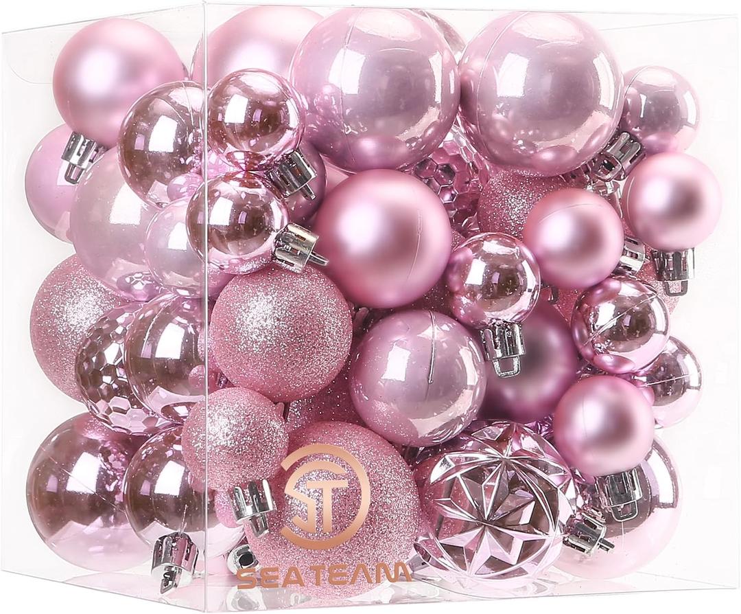 Sea Team 70-Pack Shatterproof Plastic Christmas Ball Ornaments Set, Multi-Size Christmas Baubles, Hanging Decorations for Xmas Tree, Wreath, Garland, (1.18-1.97 Inches, Pink)