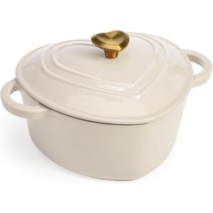 Paris Hilton Enameled Cast Iron Dutch Oven Heart-Shaped Pot with Lid, Dual Handles, Works on All Stovetops, Oven Safe to 500F, 2-Quart, Cream