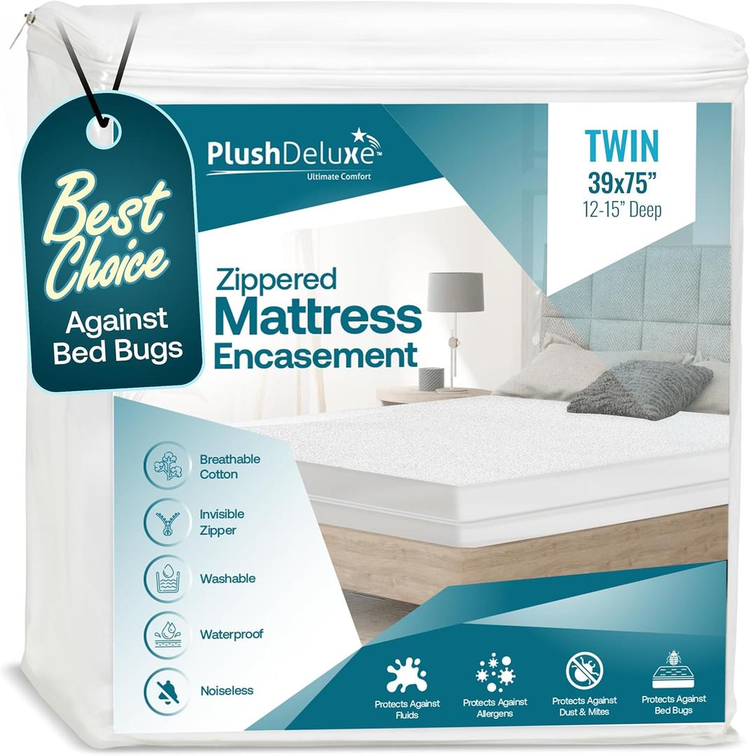 PlushDeluxe Twin Size Premium Mattress Encasement - Zippered Waterproof, Bedbug Proof Design, 6-Sided Protection - Hypoallergenic Cotton Terry Fabric 12-15" Depth