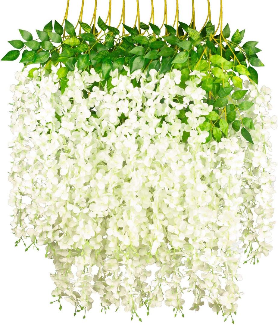 GPARK (36 Branches 12 Pack /45 inch /3.7ft Wisteria Hanging Artificial Flowers Fake Bushy Silk Vine Garland String for Wedding Party Garden Greenery Home Wall Deco Beige+Green+White