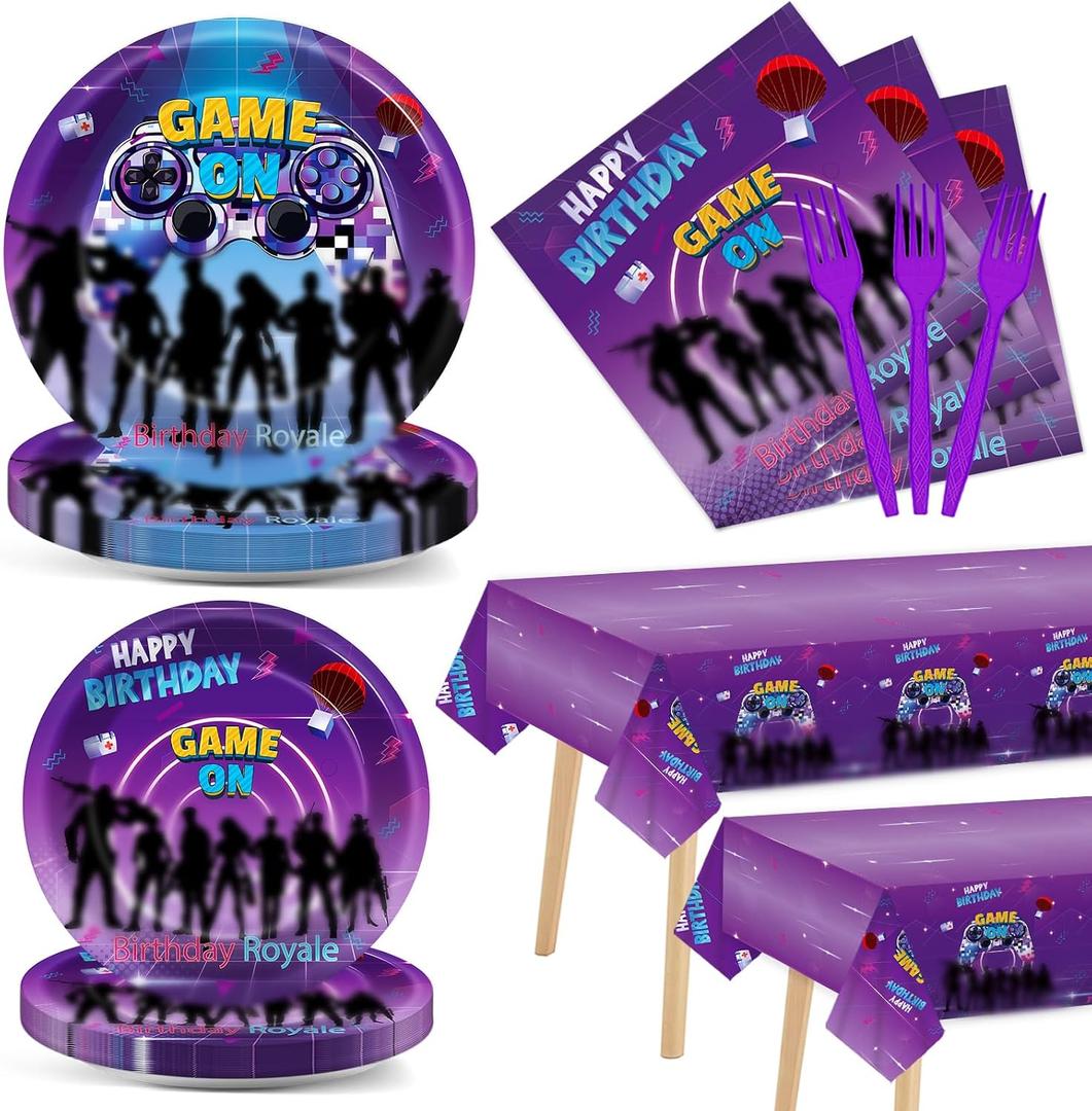 98PCS Game Birthday Party Decors Video Game Party Plates Napkins Tablecloths Neon Gaming Birthday Royale Tableware Set Gaming Disposable Table Cover for Kids Boys Girls Gamer Theme Parties Supplies