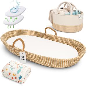 ZEAL'N LIFE Baby Changing Basket Set, 100% Natural Seagrass Artisan Crafted | Set of 4 Pieces Unisex Moses Basket With Diaper Caddy, Towel, Portable Changing Pad & Dual Layer Waterproof Cover