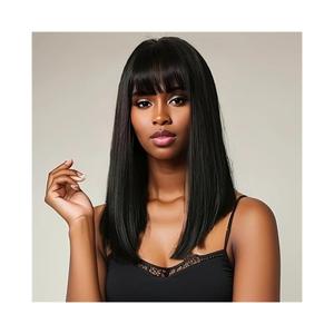 Women Wig Medium Long Hair Black Chemical Fiber High Temperature Silk Mechanism Head Cover Natural Looking