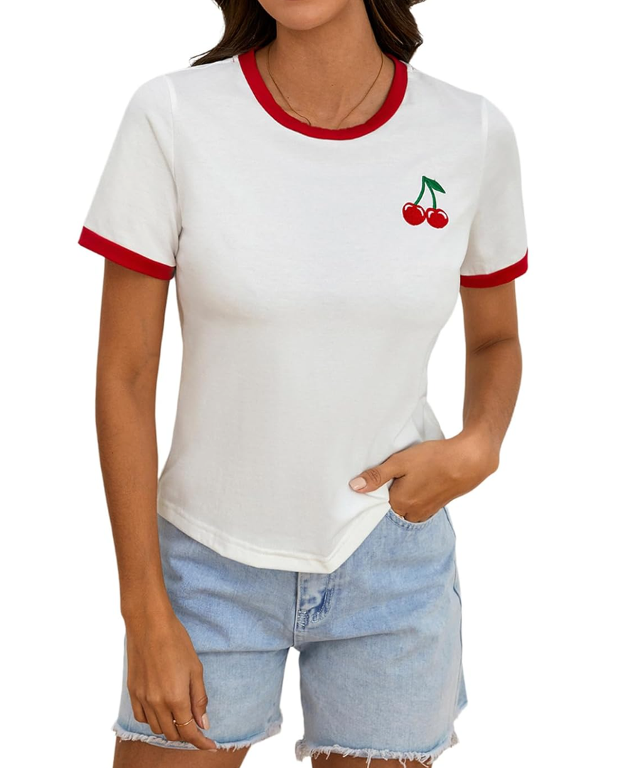 Women's Cherry Embroidery Print Shirt Contrast Color Neck Tee Short Sleeve Graphic Casual T Shirt Summer Tee Tops XL