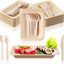 Hoolerry 50 Sets Disposable Bamboo Plates Set 8 x 5.5 Inch Palm Leaf Plates and Cutlery (Forks, Knives, Spoons) Disposable Wooden Bowls for School Classroom Party
