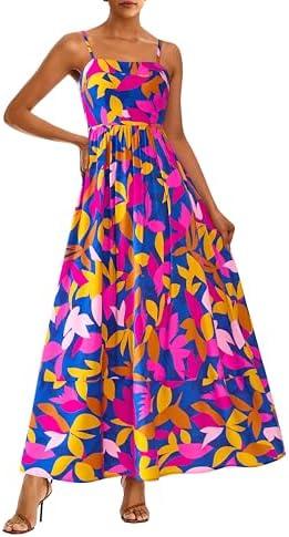 PRETTYGARDEN Summer Dresses for Women 2025 Beach Maxi Dress Spaghetti Strap Floral Boho A Line Wedding Guest Flowy Long Dress S