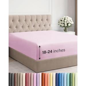 Extra Deep Full Fitted Sheet - Hotel Luxury Single Fitted Sheet Only - Easily Fits 18 inch to 24 inch Mattress - Ultra Soft, Wrinkle & Fade Free w/Extra Deep Pockets - Breathable & Comfy - Light Pink