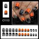 24Pcs Short Press on Nail Halloween Cute Bat Fake Nails Orange Square Stick on Nails Cobweb Glitter False Nails for Women Full Cover Halloween Glue on Nail
