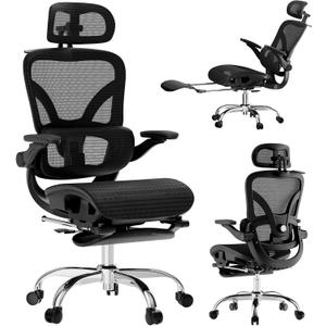 Alllion Ergonomic Mesh Office Chair, Home Desk Chair Comfy High Back with Adjustable Lumbar Support, 3D Headrest, Flip-up Arms, Big and Tall Reclining Computer Gaming Chairs for Men Women, Black