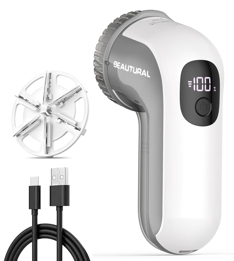 BEAUTURAL Fabric Shaver, Rechargeable Lint Remover, Electric Portable Sweater Defuzzer with 3 Speeds, 6 Leaf Blades, Digital LED Display, Remove Pilling for Clothes, Furniture, Sweater, Couch, Blanket (Standard, Gray&white)