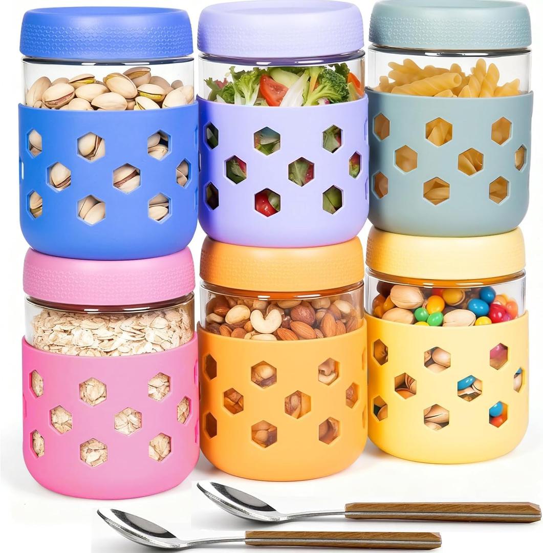 6-Pack 16 oz Overnight Oats Jars with Lids & Silicone Sleeves - Airtight Glass Mason Jars, Food Storage, Wide Mouth Meal Prep Containers for Chia Pudding, Yogurt, Berries & Snacks, Dishwasher Safe