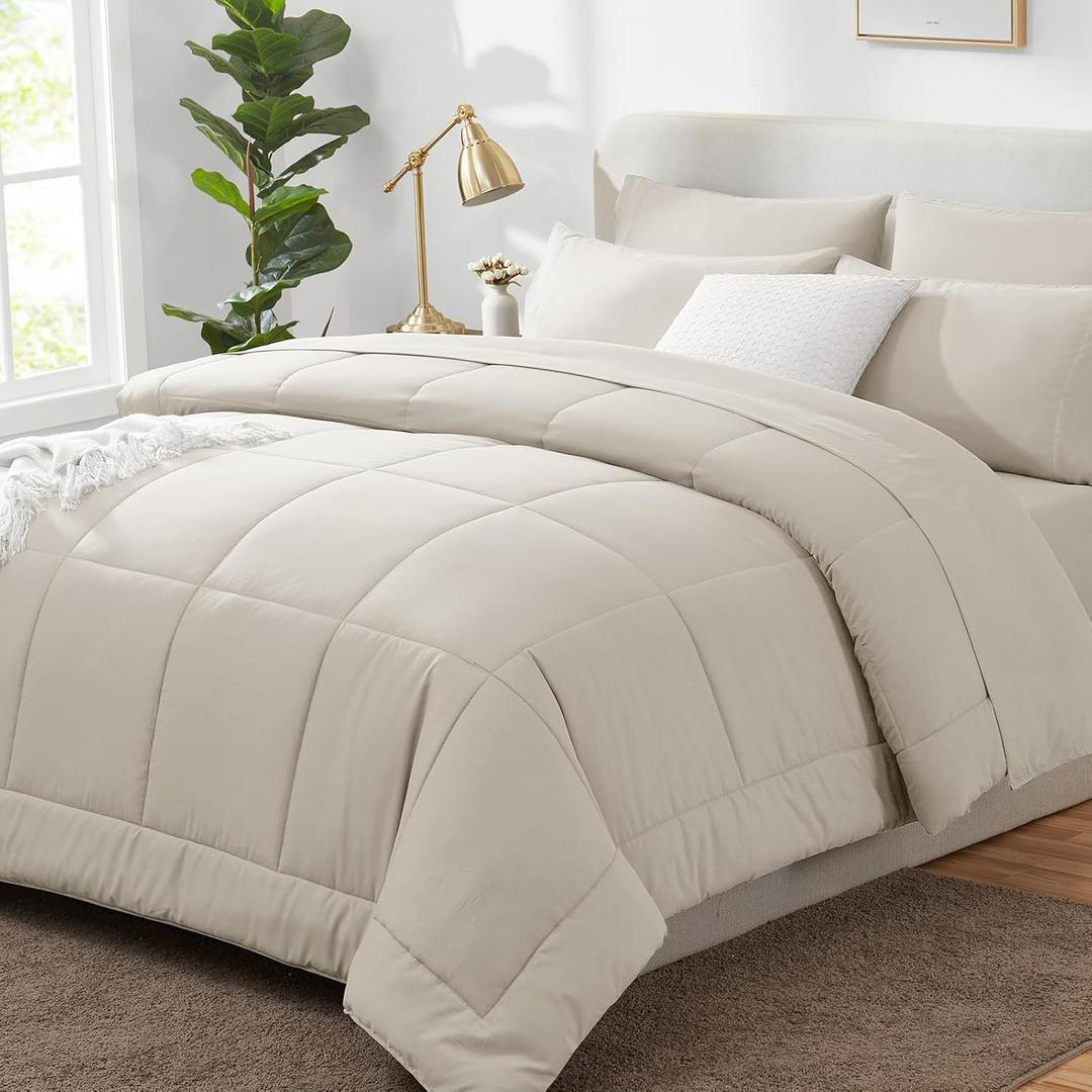 CozyLux Queen Comforter Set Beige, 7 Pieces Bed in a Bag, Beige Comforter Queen Size, All Season Bedding Sets with Stitch Quilted Comforter, Flat Sheet, Fitted Sheet, Pillowcases