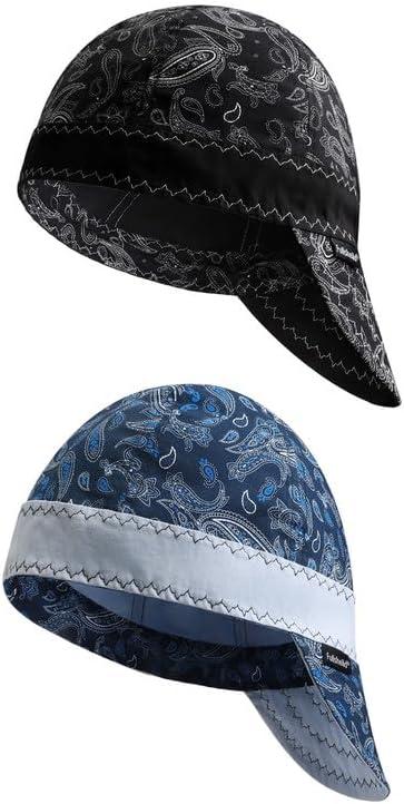 Fullsheild Reversible Welding Cap Flame Resistant CAT 2 Protective FR Welder Hats 6 Pannel Lightweight Printed for Men Women (7, Paisley Black & Blue-2pcs)