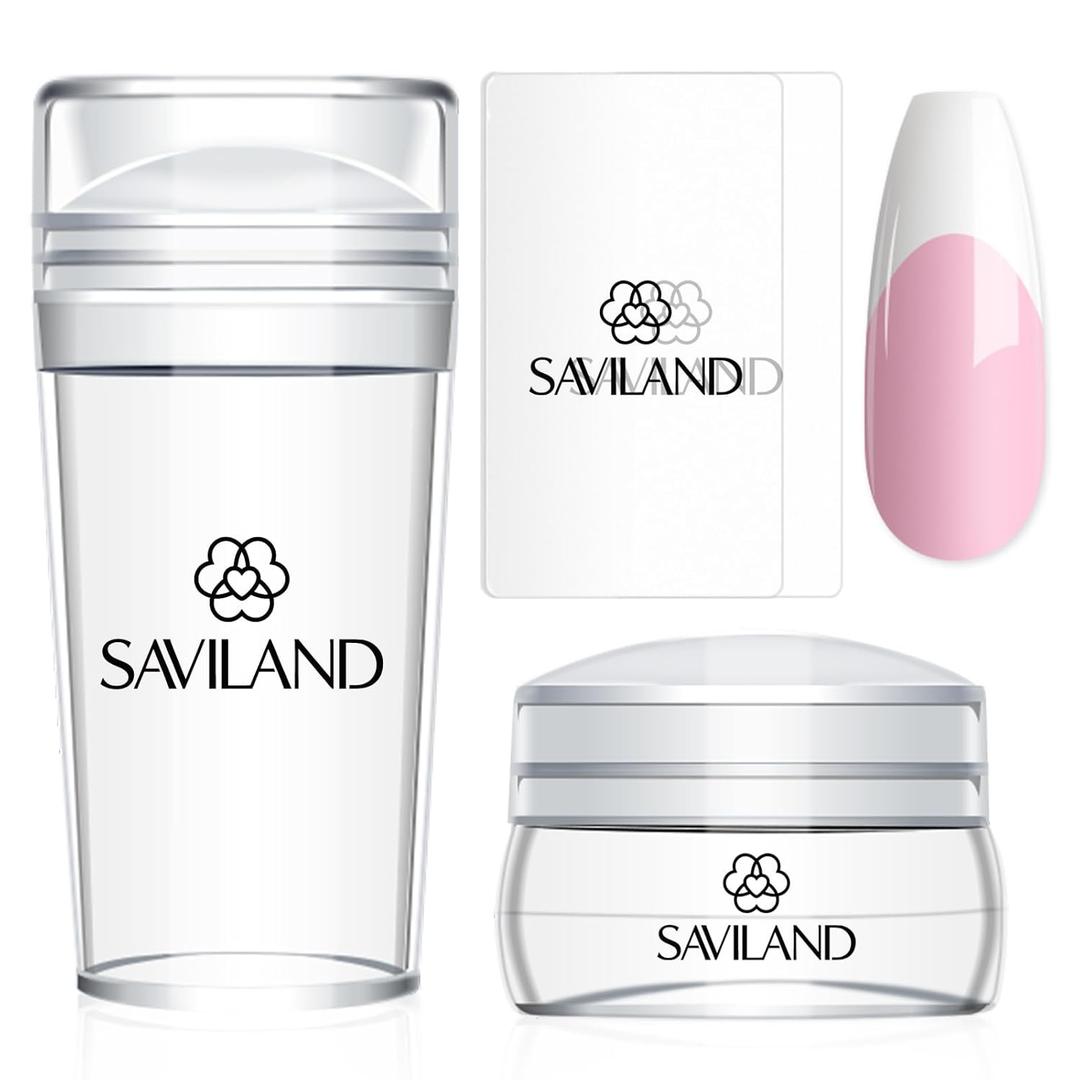 Saviland French Tip Nail Stamp: 4PCS Nail Art Stamper Kit Clear Silicone Nails Stamping Long & Short Jelly Stamper with Scrapers Nails Stamper Kit for French Manicure Home DIY Salon