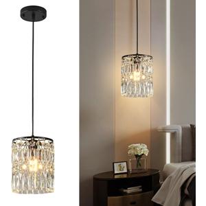 1-Light Crystal Pendant Lighting Modern Black Chandelier for Bedroom Adjustable Kitchen Island Lighting Unique Ceiling Lights Fixtures for Living Room Entrance Hallway