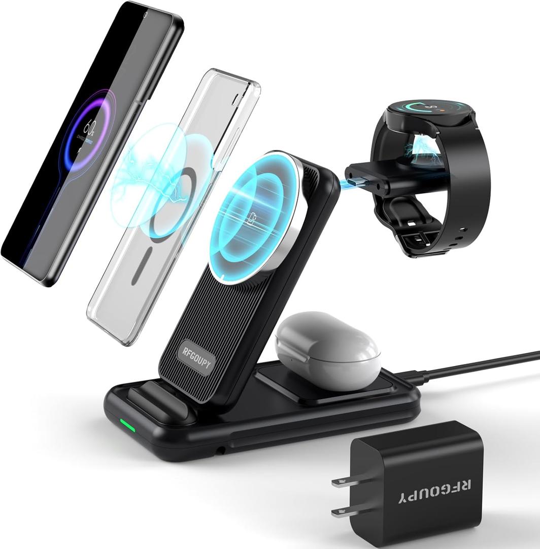 Wireless Charger for Samsung, Foldable 4 in 1 Mag-Safe Charging Station for Samsung S24/S23/S22, iPhone 15/14/13/12, Fast Charging Stand for Galaxy Watch 7/6/5/Galaxy Buds & Apple Watch Series/Airpods