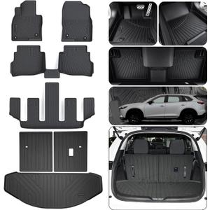 Floor Mats & Trunk Mat & Backrest Mat (Only Fit Sport Version) for 2016-2022 2023 Mazda CX-9 CX9 (6 Seats-2 Row Bucket Seat),TPE All Weather Protection Floor Liners & Cargo Liners