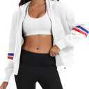 Womens Full Zip Up Long Sleeve Color Block Fleece Cropped Hoodies Winter Gym Running Outing Athletic Sweatshirts (White, M)