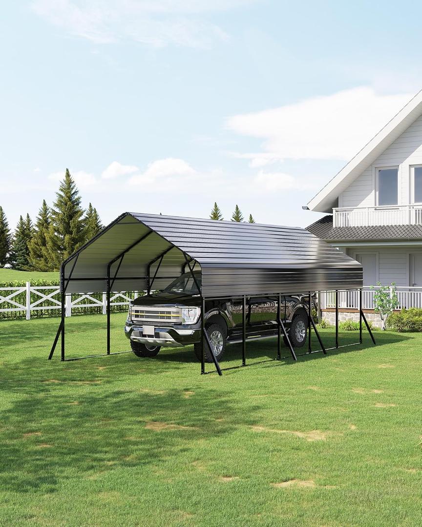 Garvee 13'x26'x11.4' Metal Carport, Heavy Duty Car Ports Kit All-Weather for Pickup Trucks, Boats, RVs, Tractors, Reinforced Frame with Anchors (Gray)