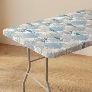Horaldaily Summer Fitted Tablecloth 72 x 30 Inch Rectangular, Ocean Seashells Starfish Seahorse Coral Washable Table Cover Elastic Edged for Dinning, Picnic, Camping, Banquet