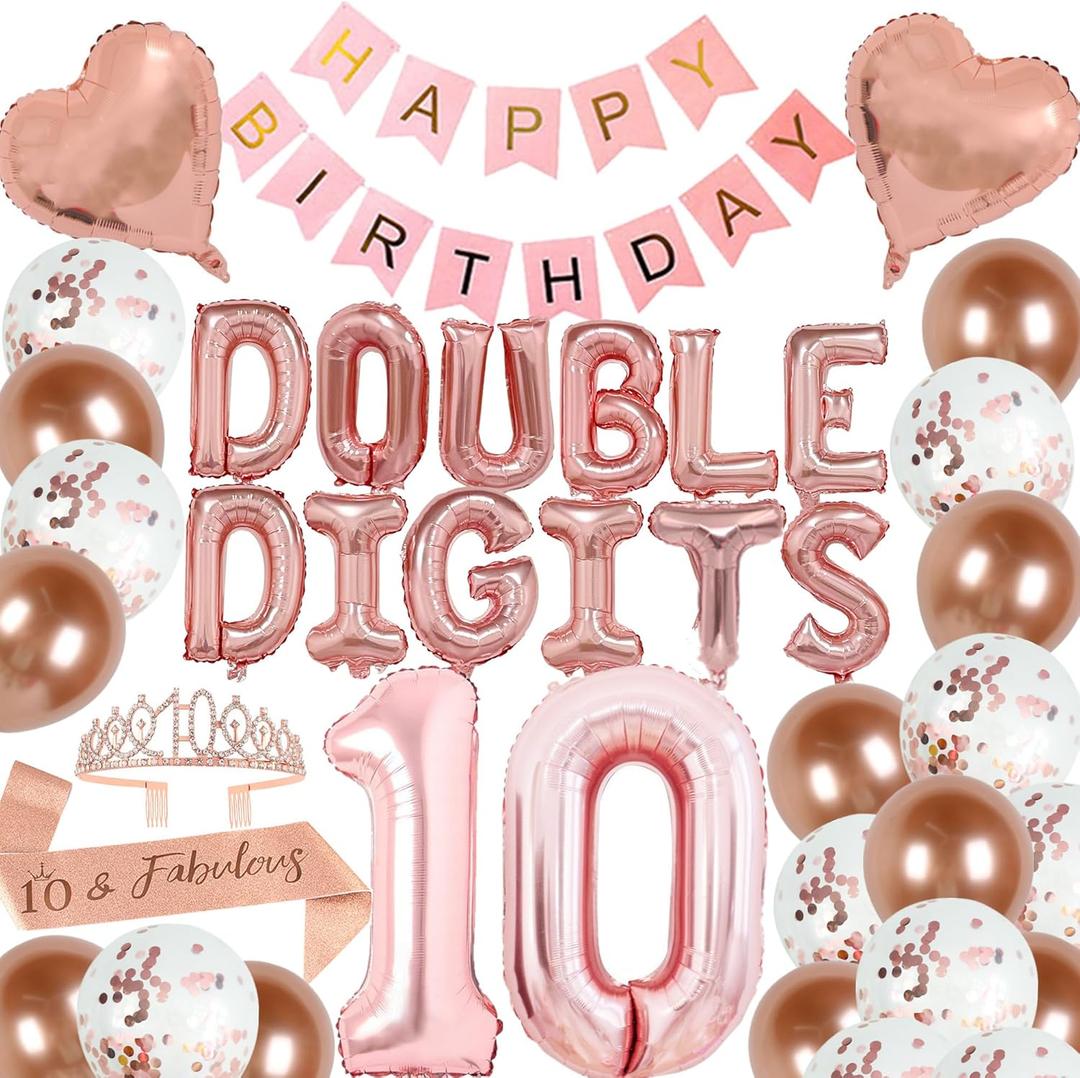 40 Pieces 10th Birthday Decorations Double Digits Party Balloons Happy Birthday Banner Number 10 Rose Gold Foil Balloons Latex Balloons for 10 Year Old Girls Party (Rose gold)
