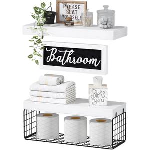 QEEIG Bathroom Shelves Over Toilet - Paper Storage Wall Mounted Farmhouse Decor Decorations Aesthetic Dcor Sign Small Floating Shelf 2+1 Set 16 inch, White and Black (020WB)