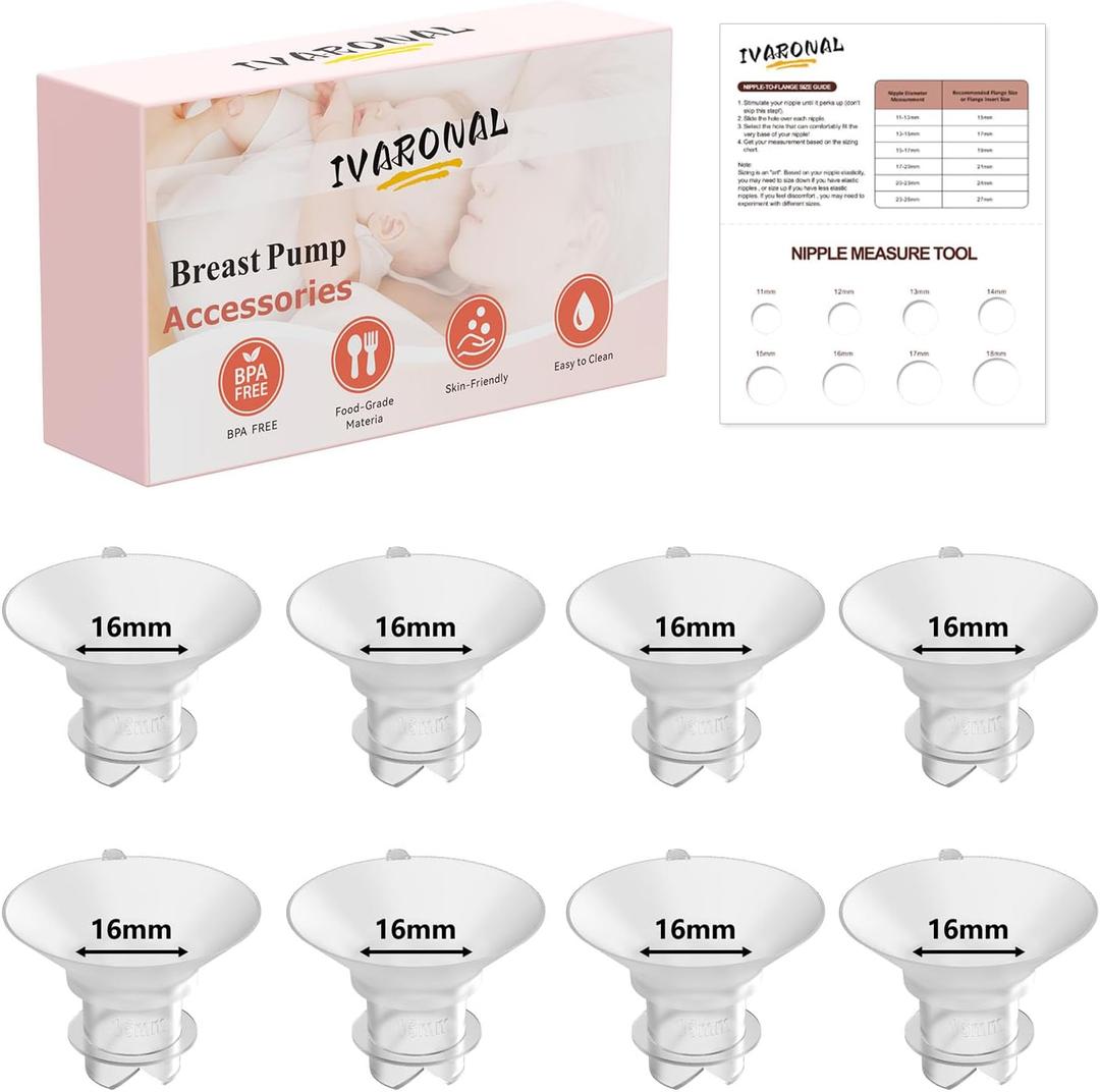8pcs 16mm Upgraded Flange Insert Compatible with Momcozy M9/M6/M5/V1 pro/V2 pro/S12 pro Pumps, Fit for Spectra/Medela/eufy/TSRETE/Elvie/Lansinoh Breast Pumps,Flange Sizing Kit Silicone Flange Insert