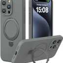 CellEver Strong Magnetic Case for iPhone 15 Pro Max [for MagSafe Charging] [Camera Protection] Heavy-Duty Protection, Soft Grip Silicone Cover with Kickstand, Titanium Gray