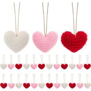 Fumwase 24PCS Crochet Heart Ornaments for Valentine Tree Handmade Red Pink White Hanging Heart Vase Filler for Home Wedding Anniversary Party Decor (Red Pink White)