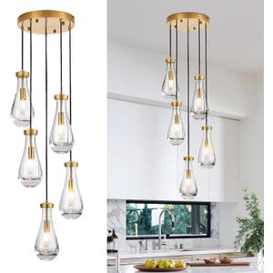 5-Light Raindrop Pendant Light Fixtures, Brass Glass Pendant Lighting, Teardrops Modern Hanging Light for Entryway Foyer Kitchen Island Dining Living Room Hallway