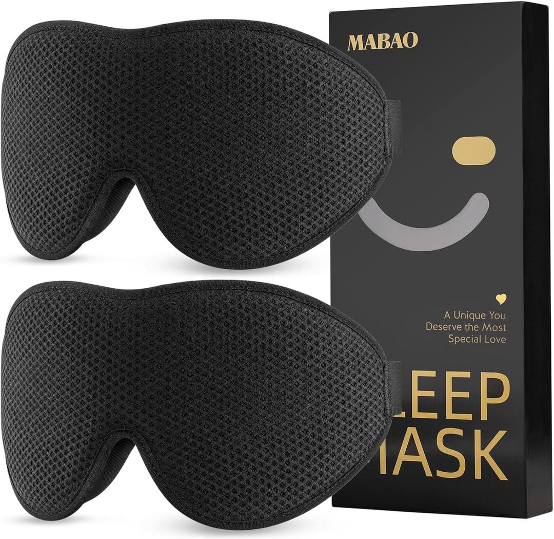 MABAO 2 Packs Sleep Mask for Side Sleeper, Eye Mask for Sleeping Women Men, 3D Contoured Cup No Eye Pressure 100% Light Blocking Sleeping Mask with Adjustable Strap Night Blindfold Flight, Nap, Black